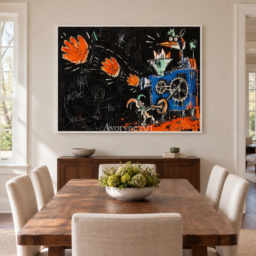 Open Horizon graffiti figure wall art with a white frame in a dining room