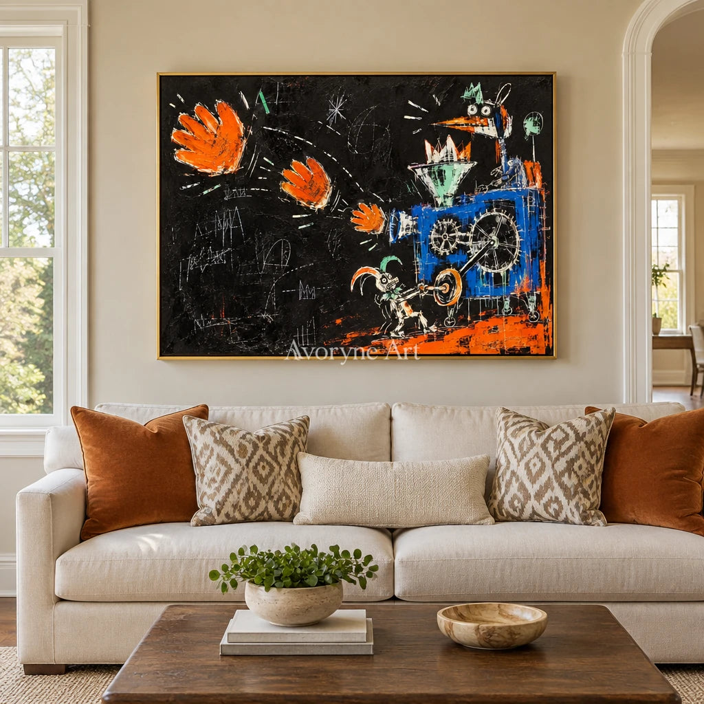 Open Horizon graffiti figure wall art with a gold frame hanging in a living room
