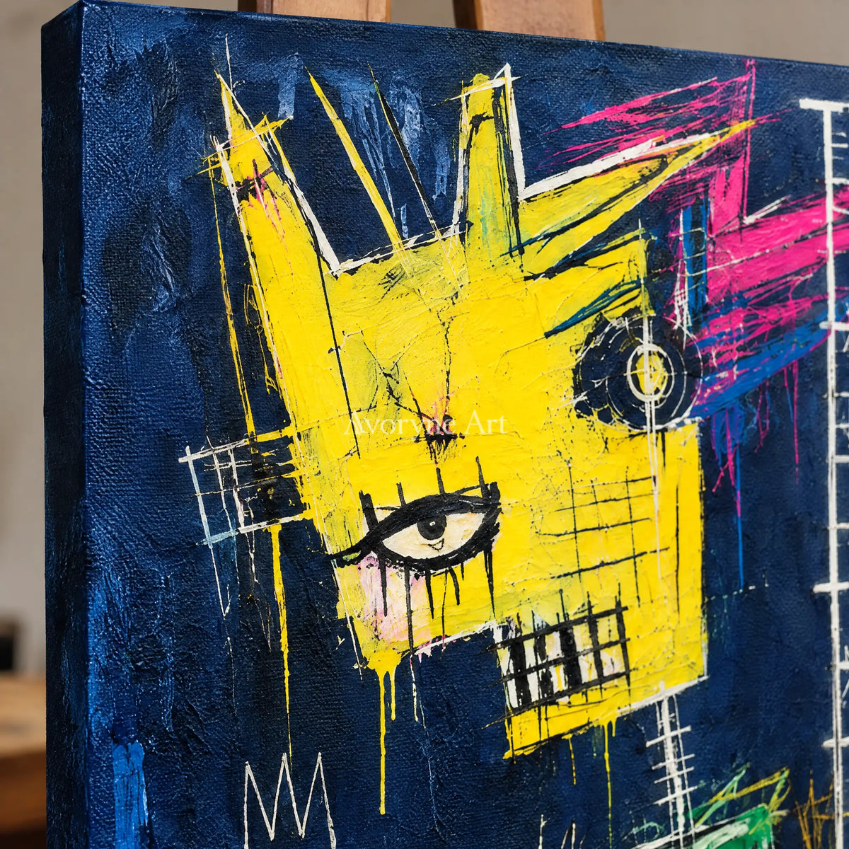 Close-up of the hand-painted texture of Open Gesture graffiti figure wall art on an easel
