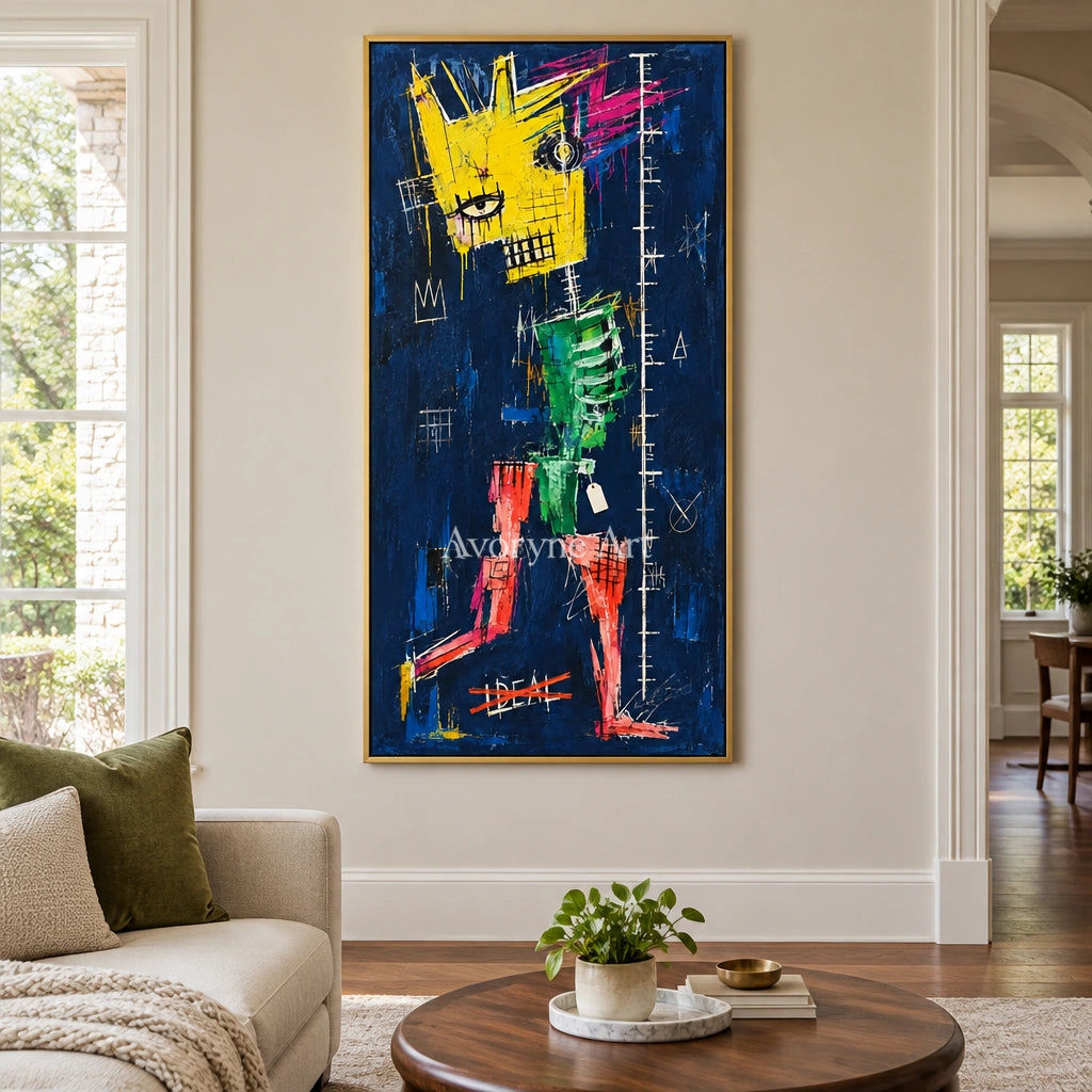Open Gesture graffiti figure wall art with a gold frame hanging in a living room