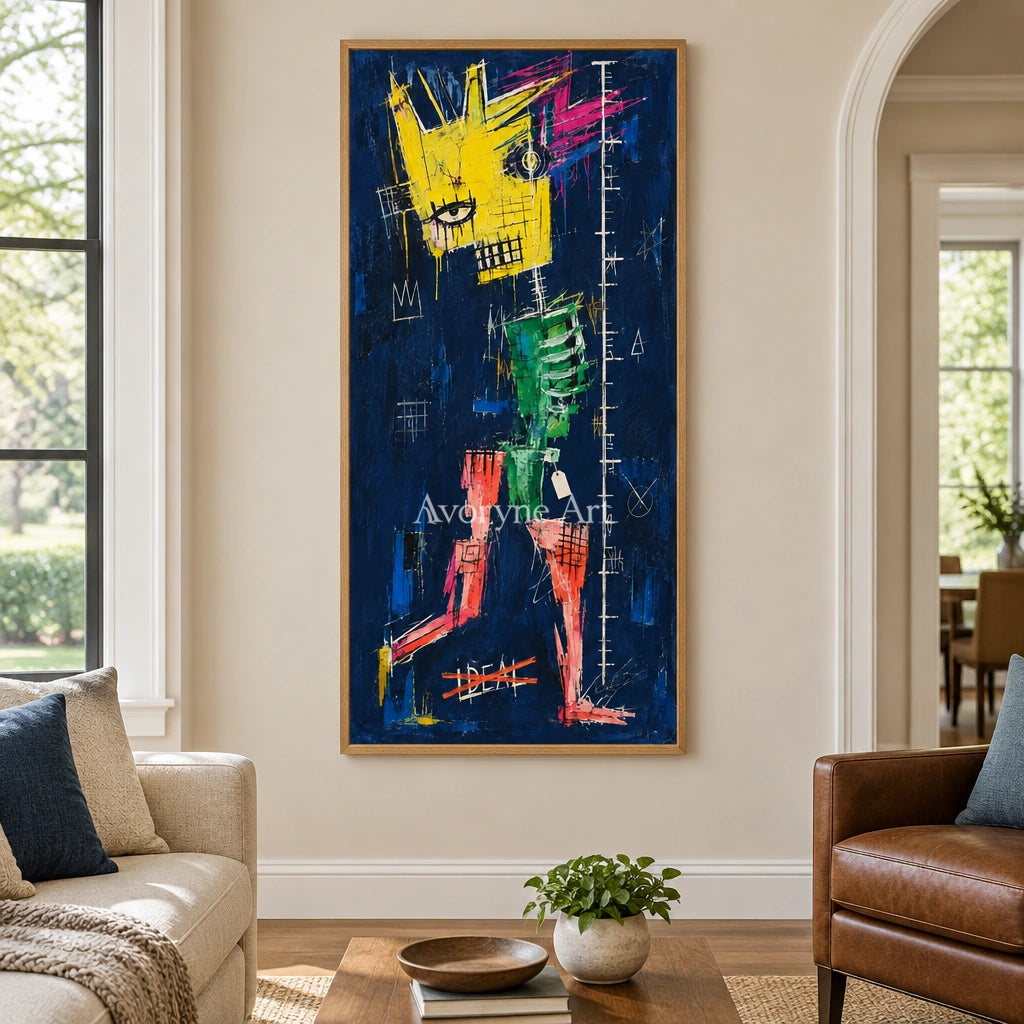 Open Gesture graffiti figure wall art with a wood frame in a villa living space