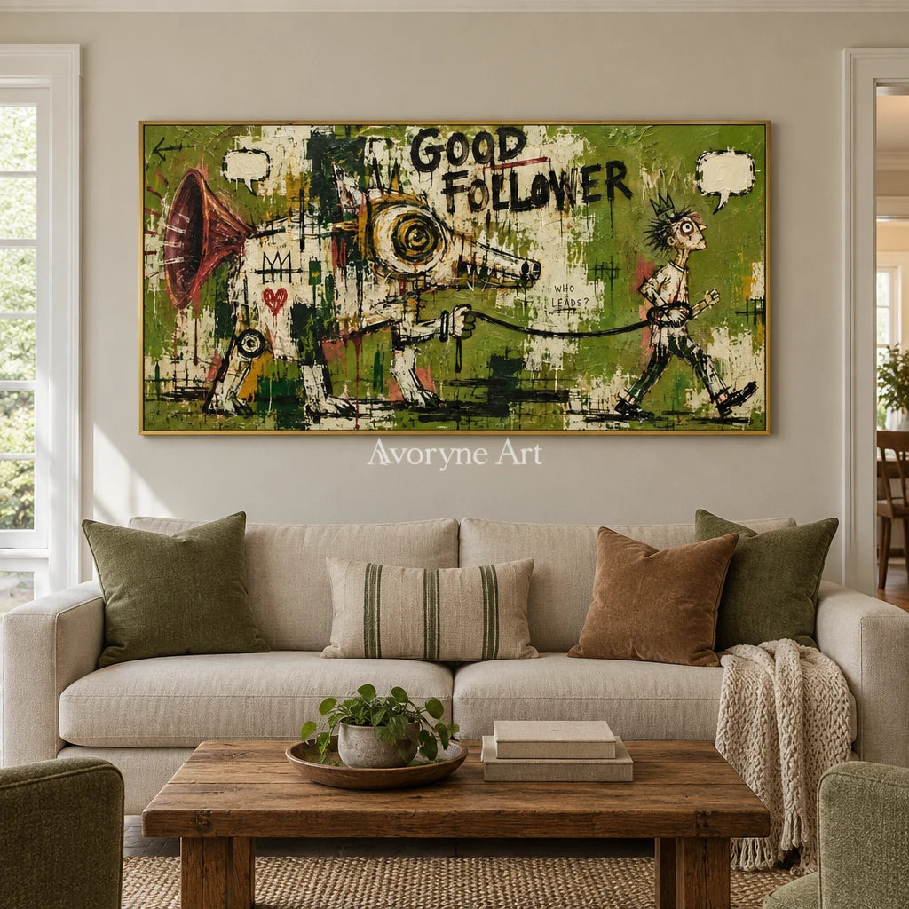 Open Memory graffiti figure wall art with a gold frame hanging in a living room