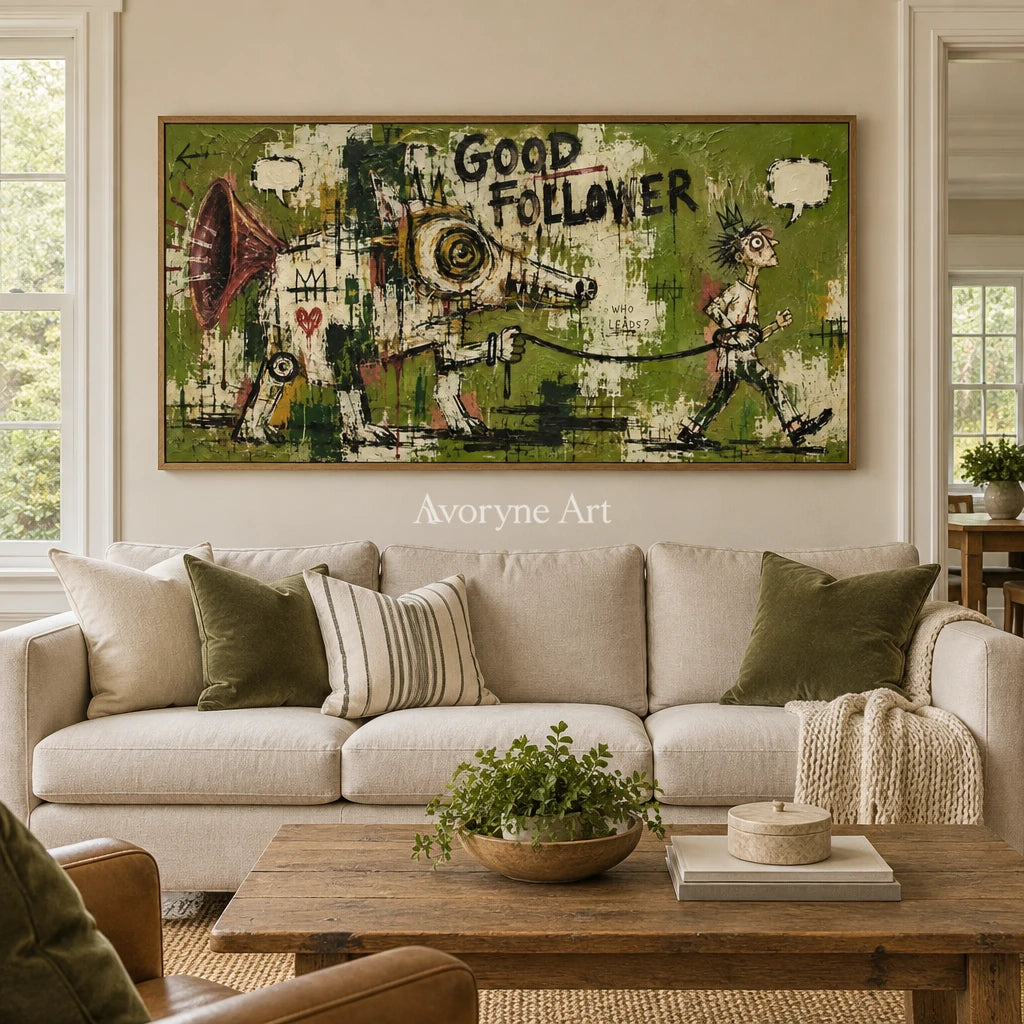 Open Memory graffiti figure wall art with a wood frame in a villa living space