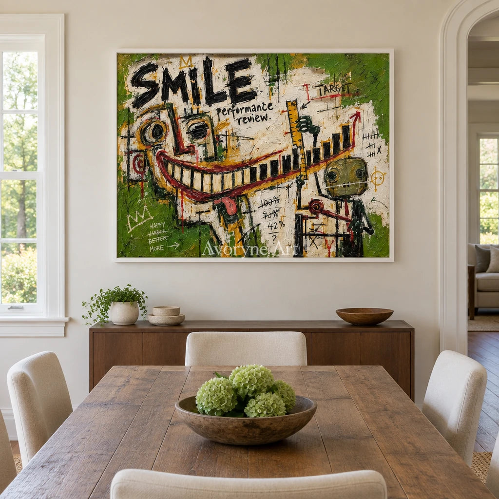 Open Prelude graffiti figure wall art with a white frame in a dining room