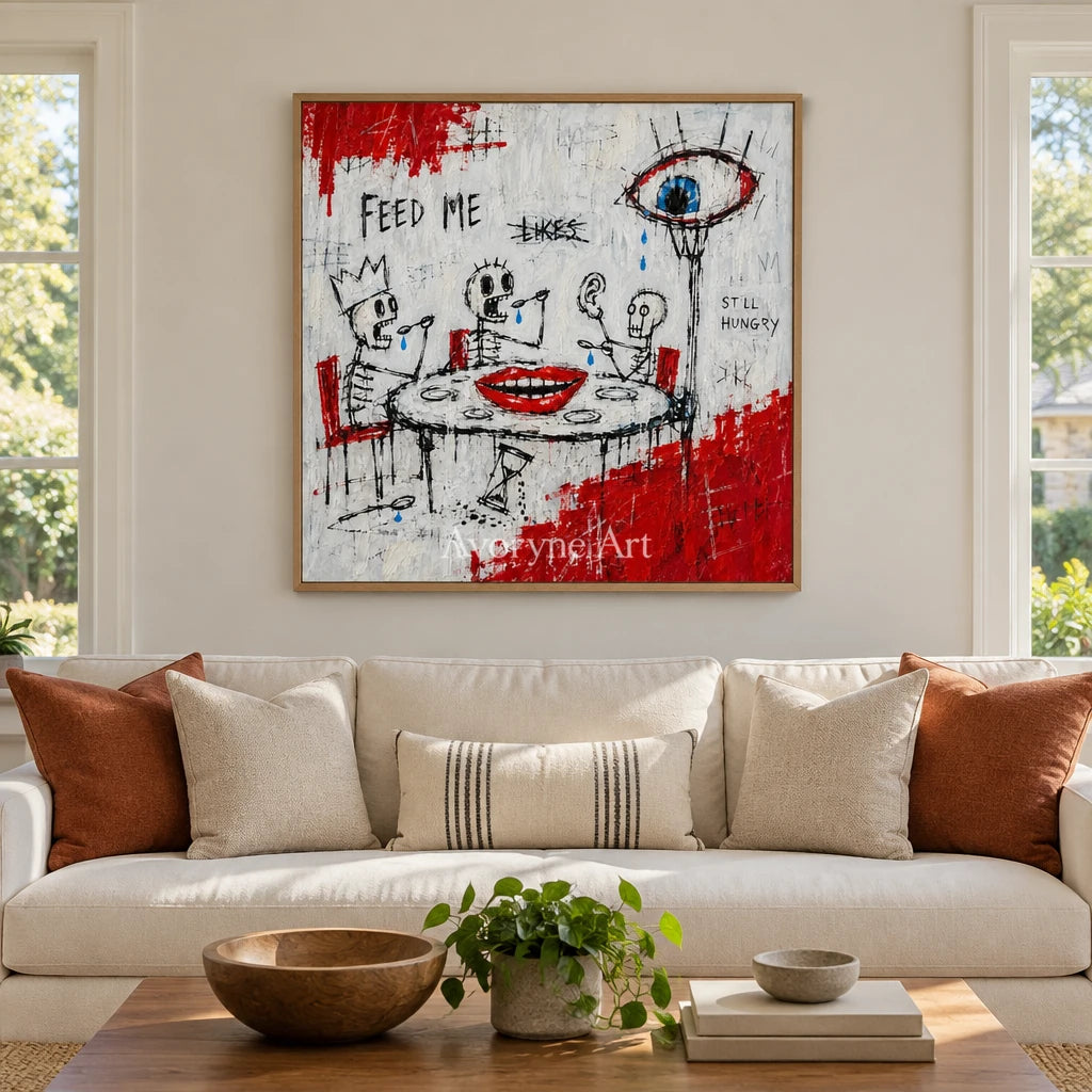 Open Story graffiti figure wall art with a wood frame in a villa living space