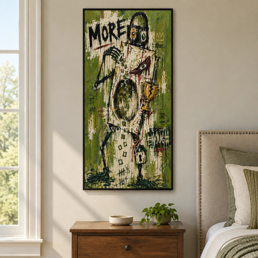 Open Vista graffiti figure wall art with a black frame above a bed in a bedroom