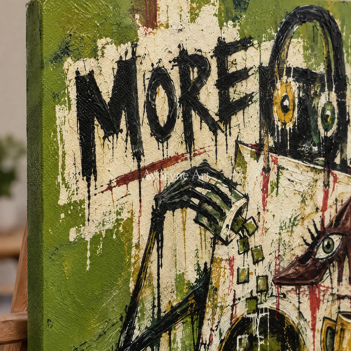 Close-up of the hand-painted texture of Open Vista graffiti figure wall art on an easel