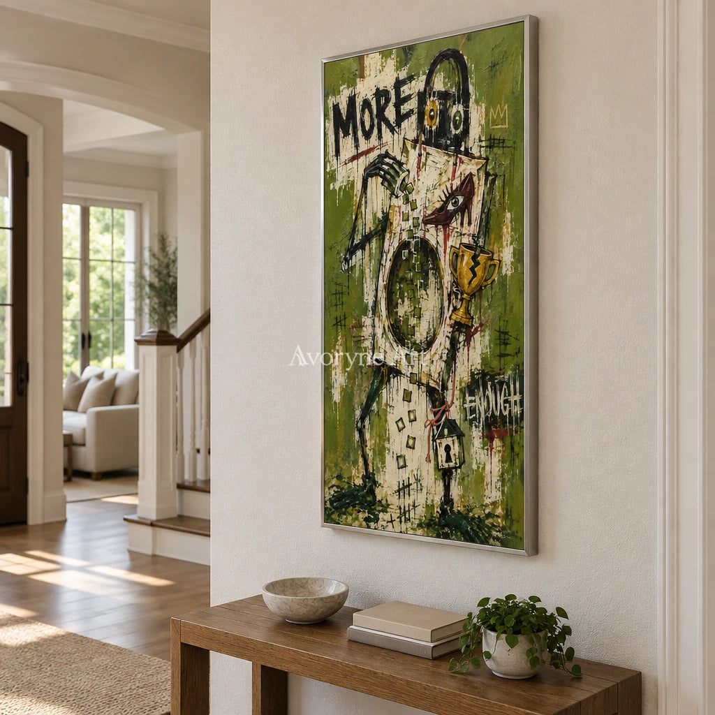 Open Vista graffiti figure wall art with a silver frame in an entryway