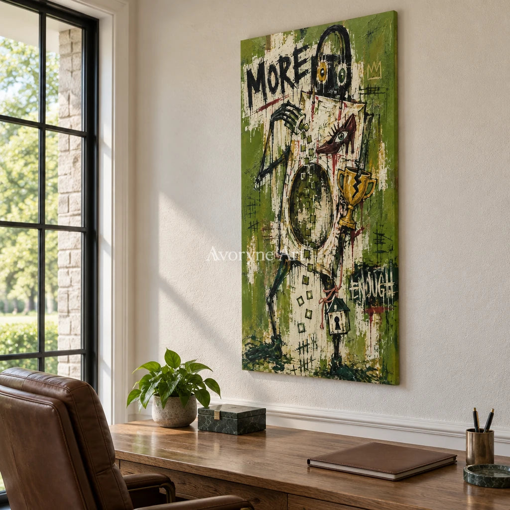 Open Vista graffiti figure wall art as a frameless stretched canvas in a home office