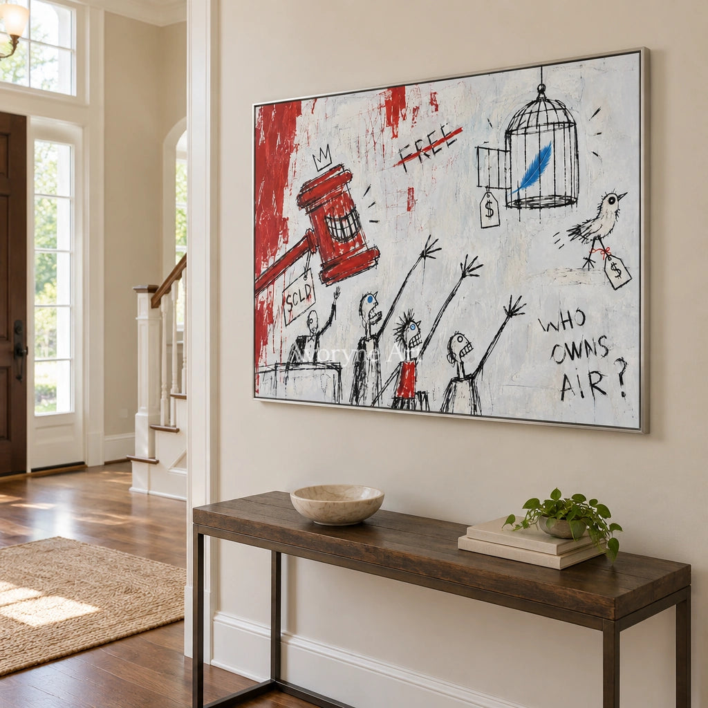 Open Solace graffiti figure wall art with a silver frame in an entryway