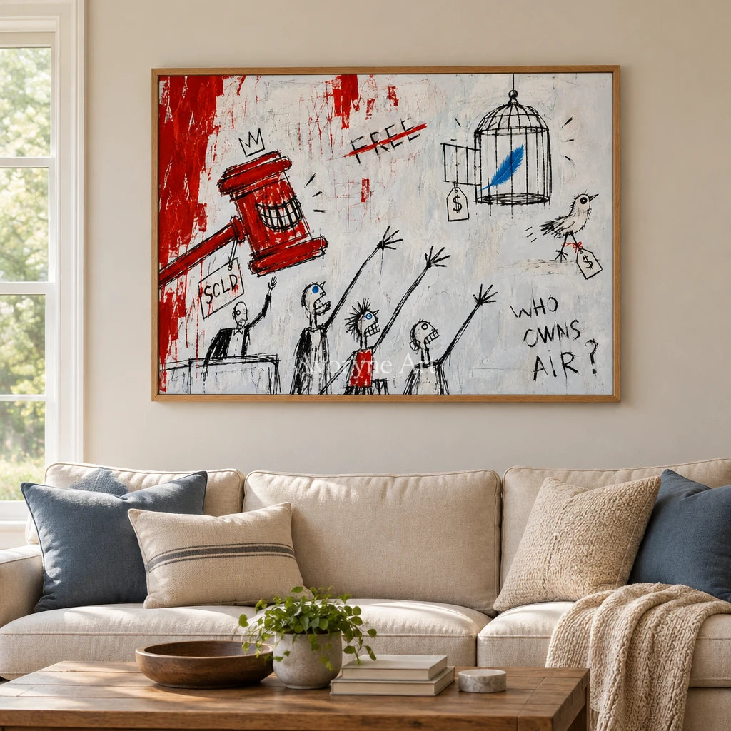 Open Solace graffiti figure wall art with a wood frame in a villa living space
