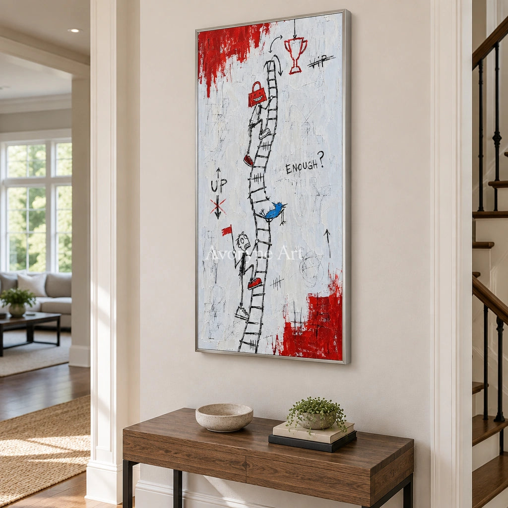 Open Reverberation graffiti figure wall art with a silver frame in an entryway