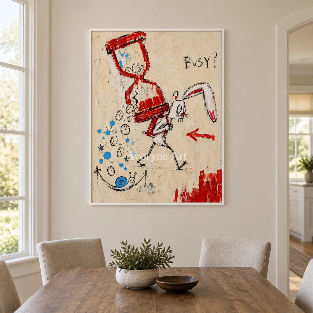 Open Dialogue graffiti figure wall art with a white frame in a dining room