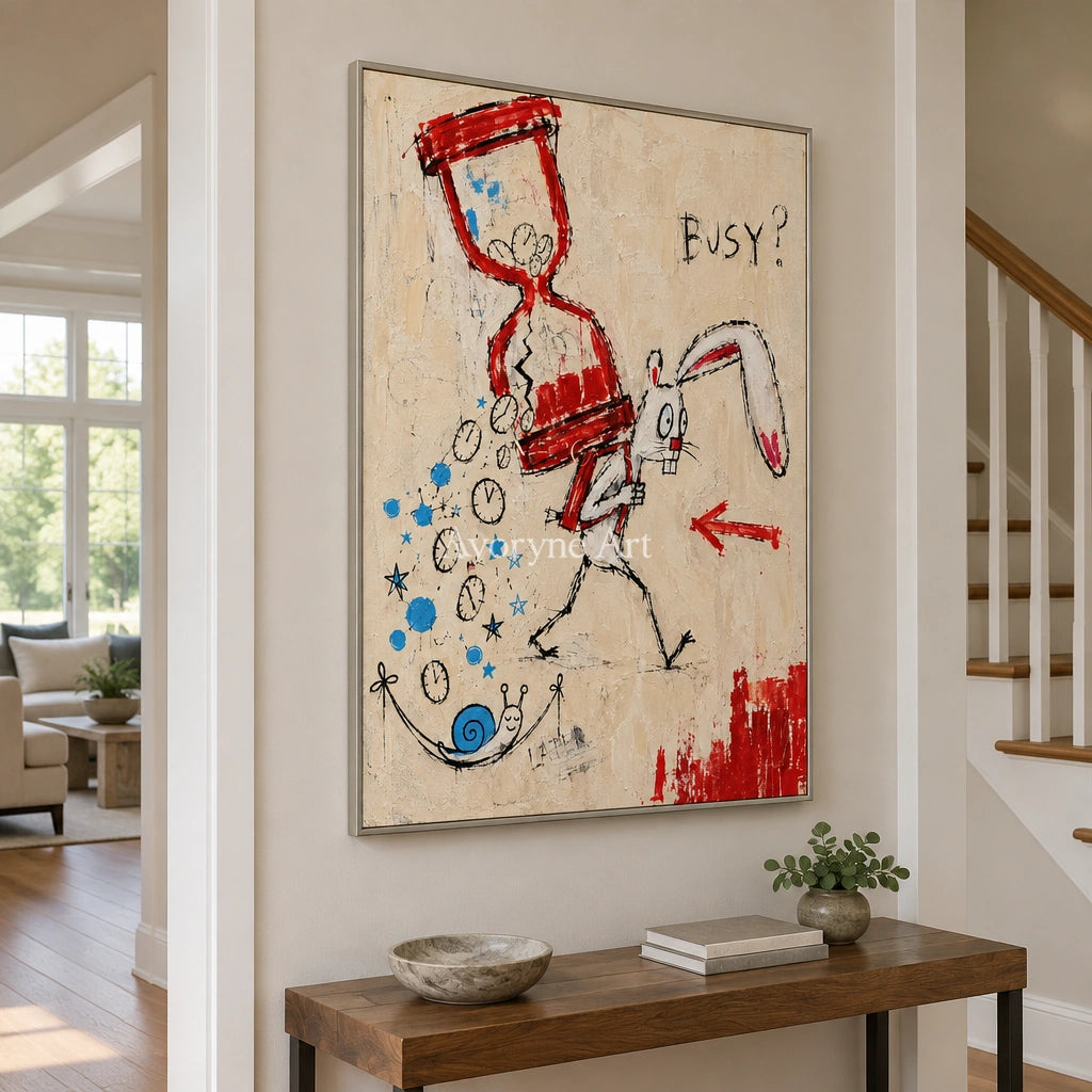 Open Dialogue graffiti figure wall art with a silver frame in an entryway