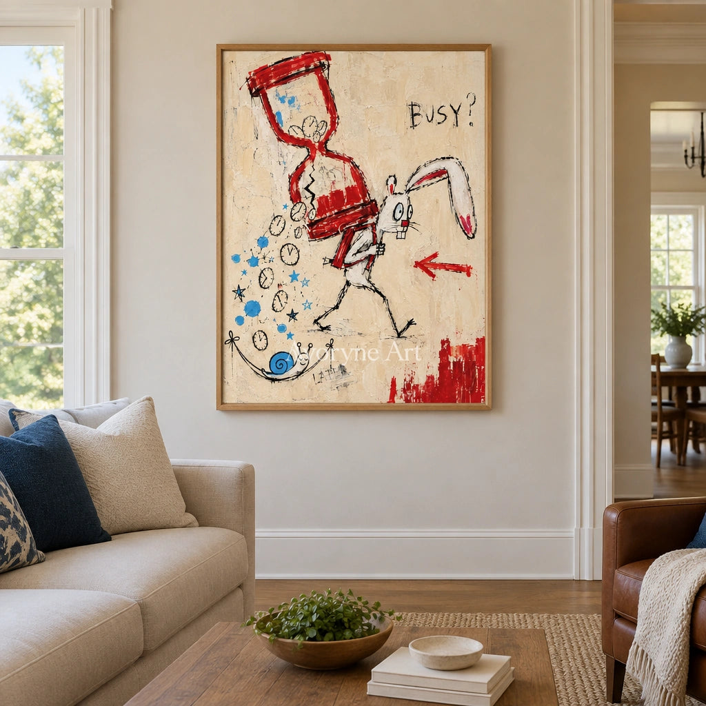 Open Dialogue graffiti figure wall art with a wood frame in a villa living space