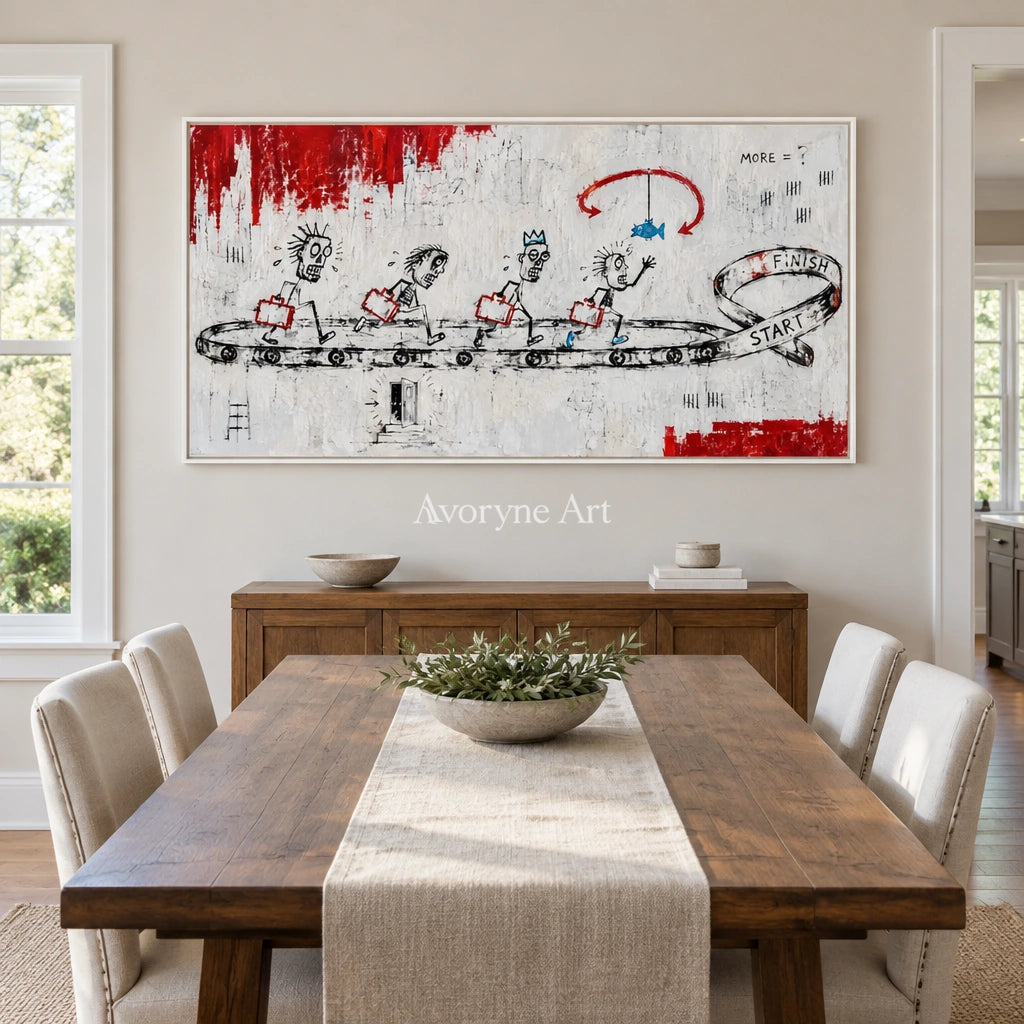 Distant Passage graffiti figure wall art with a white frame in a dining room