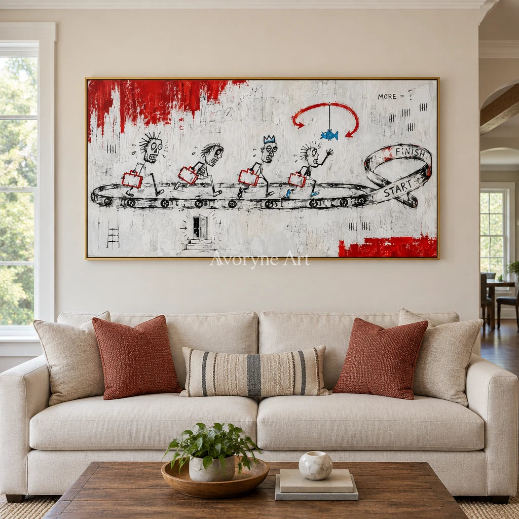 Distant Passage graffiti figure wall art with a gold frame hanging in a living room