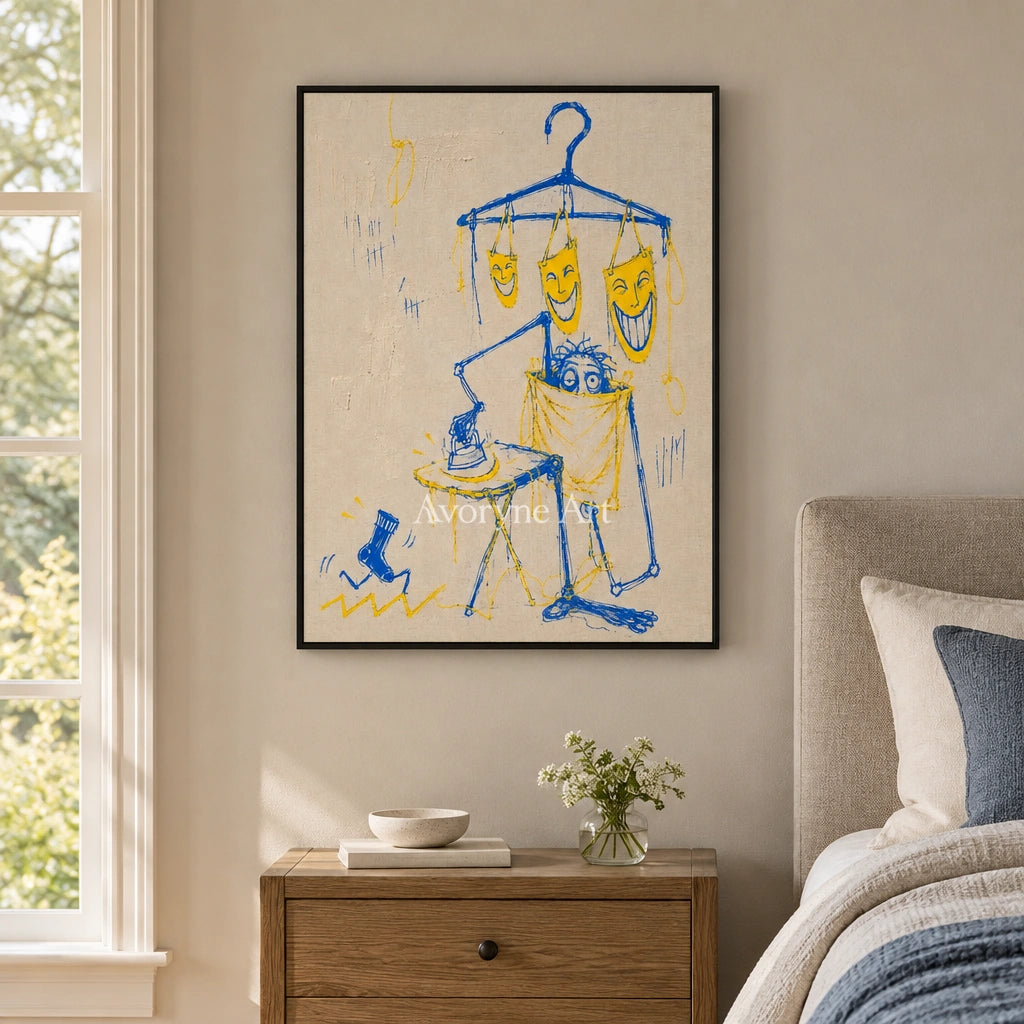 Distant Reverie graffiti figure wall art with a black frame above a bed in a bedroom