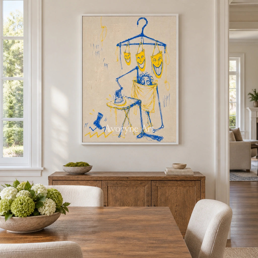Distant Reverie graffiti figure wall art with a white frame in a dining room