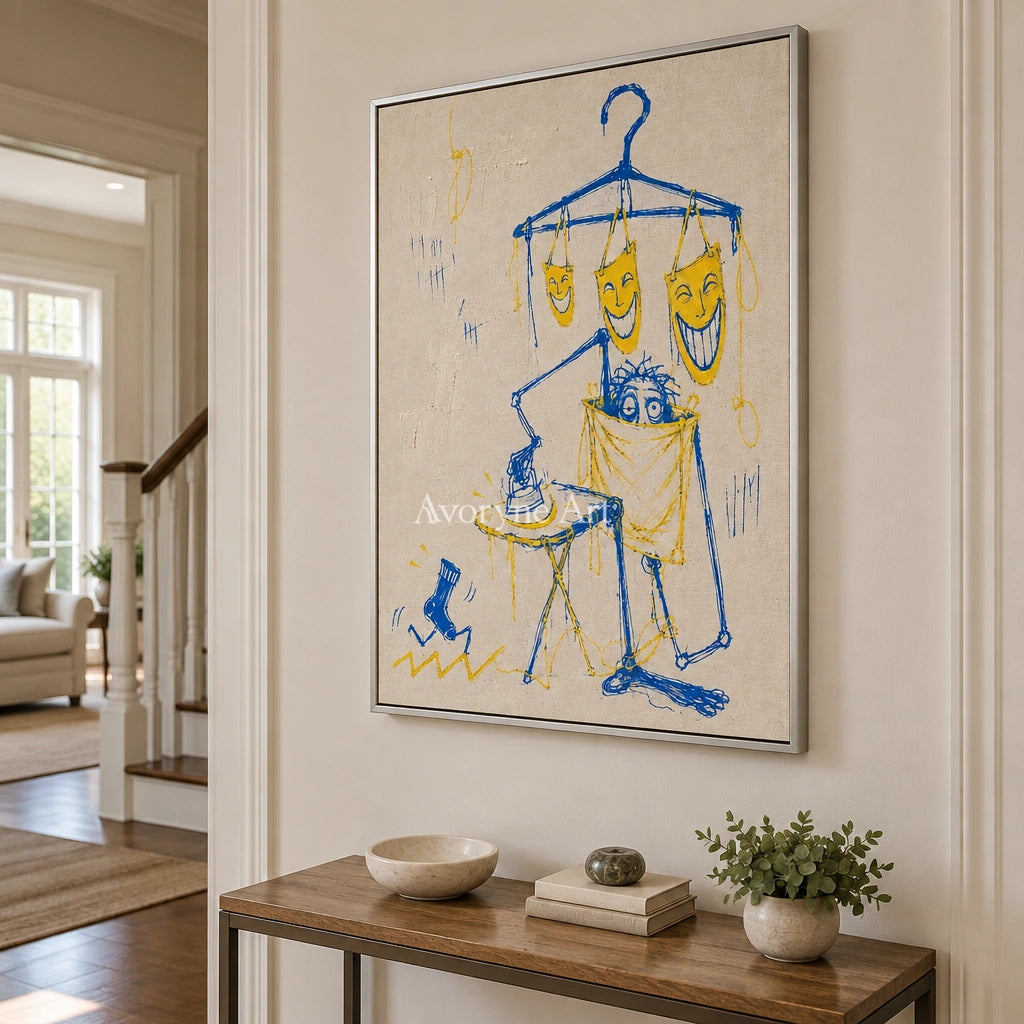 Distant Reverie graffiti figure wall art with a silver frame in an entryway