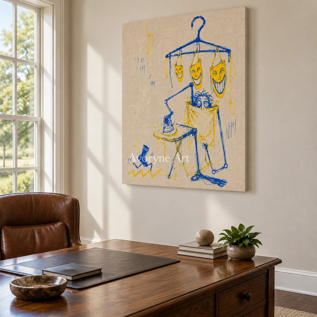 Distant Reverie graffiti figure wall art as a frameless stretched canvas in a home office