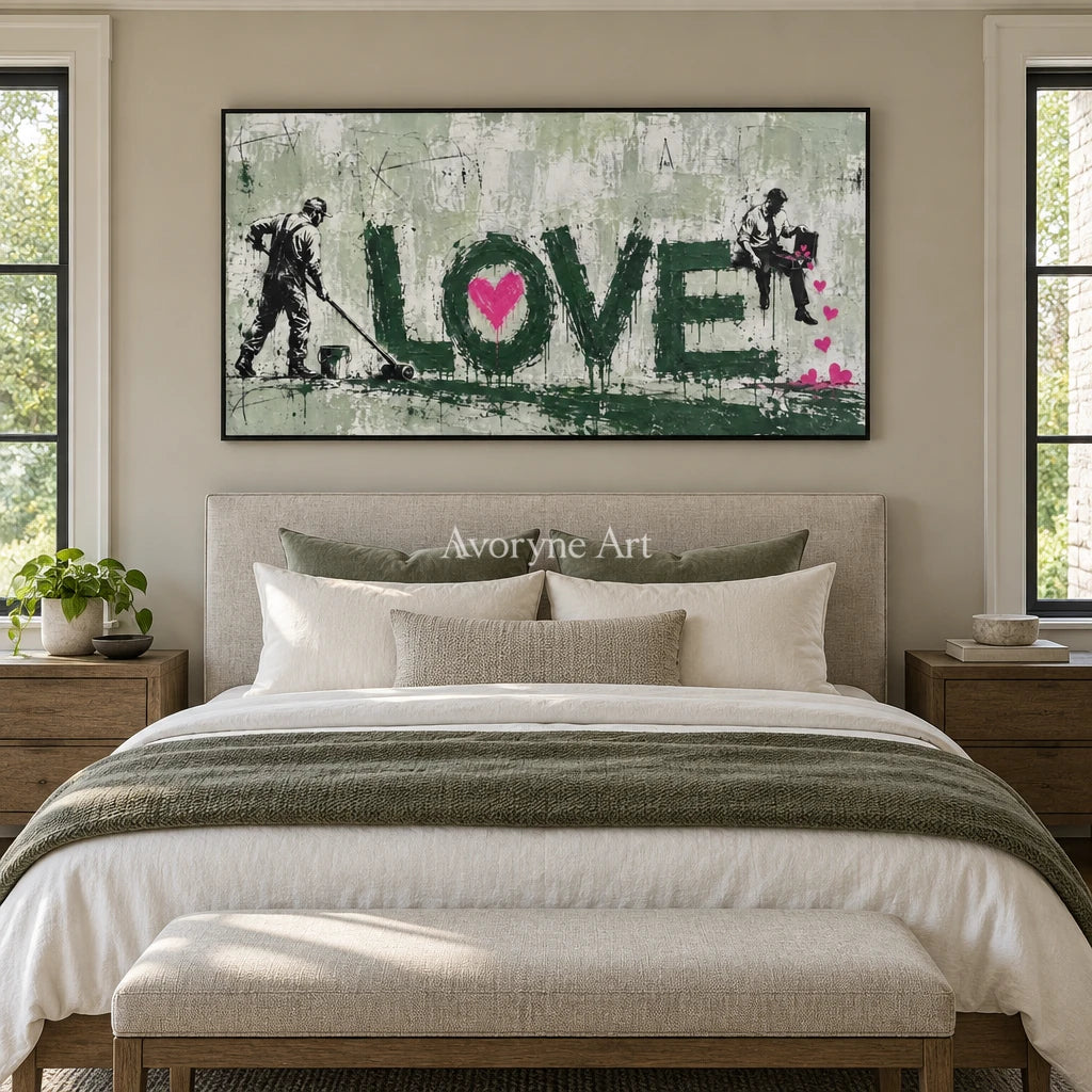 Distant Mosaic graffiti figure wall art with a black frame above a bed in a bedroom