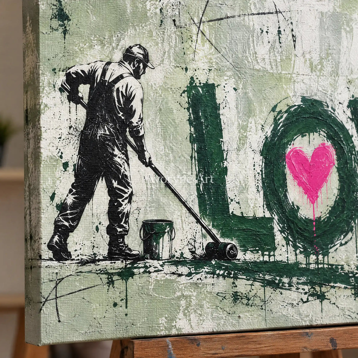 Close-up of the hand-painted texture of Distant Mosaic graffiti figure wall art on an easel