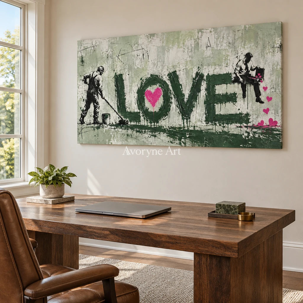 Distant Mosaic graffiti figure wall art as a frameless stretched canvas in a home office