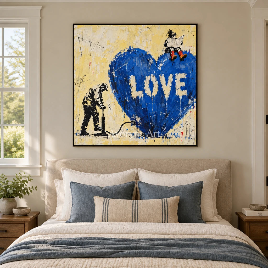 Distant Drift graffiti figure wall art with a black frame above a bed in a bedroom