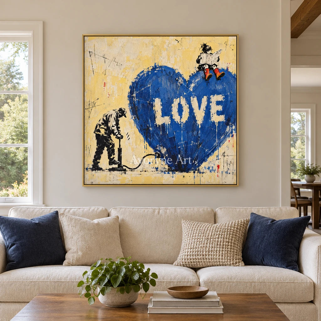 Distant Drift graffiti figure wall art with a gold frame hanging in a living room