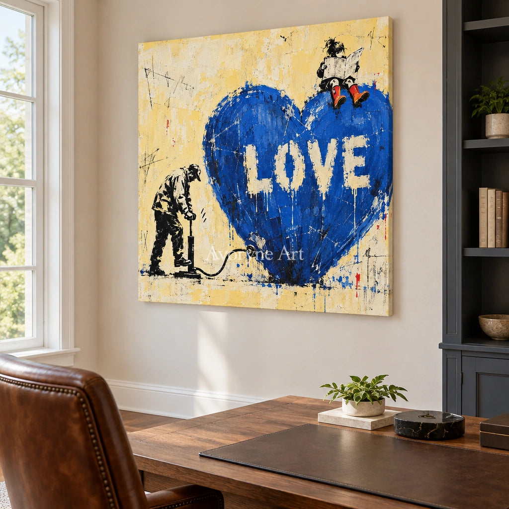Distant Drift graffiti figure wall art as a frameless stretched canvas in a home office