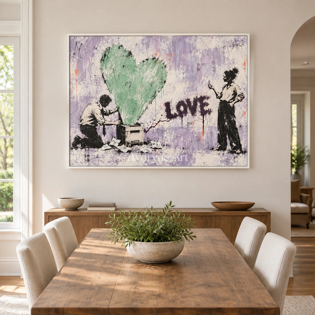 Distant Verse graffiti figure wall art with a white frame in a dining room