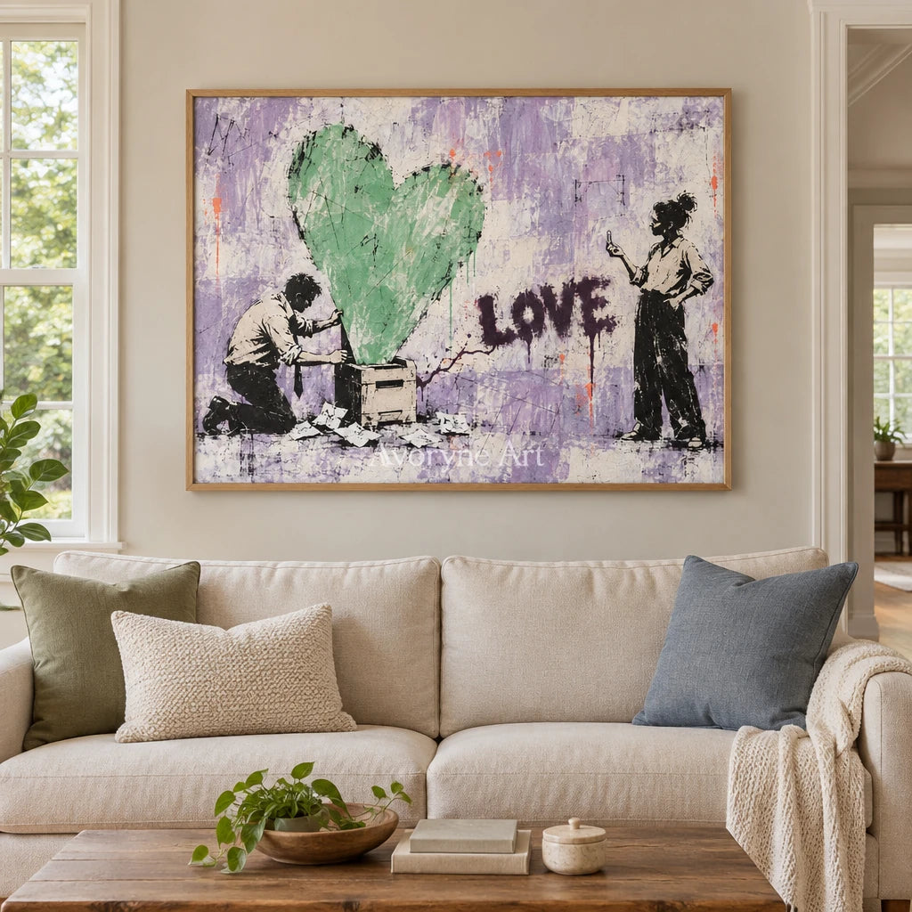 Distant Verse graffiti figure wall art with a wood frame in a villa living space