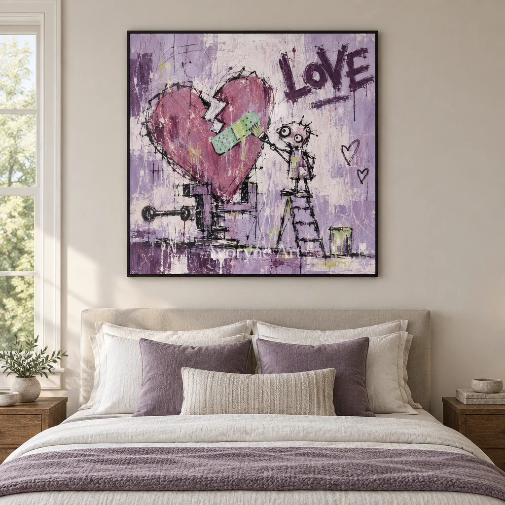 Distant Prelude graffiti figure wall art with a black frame above a bed in a bedroom