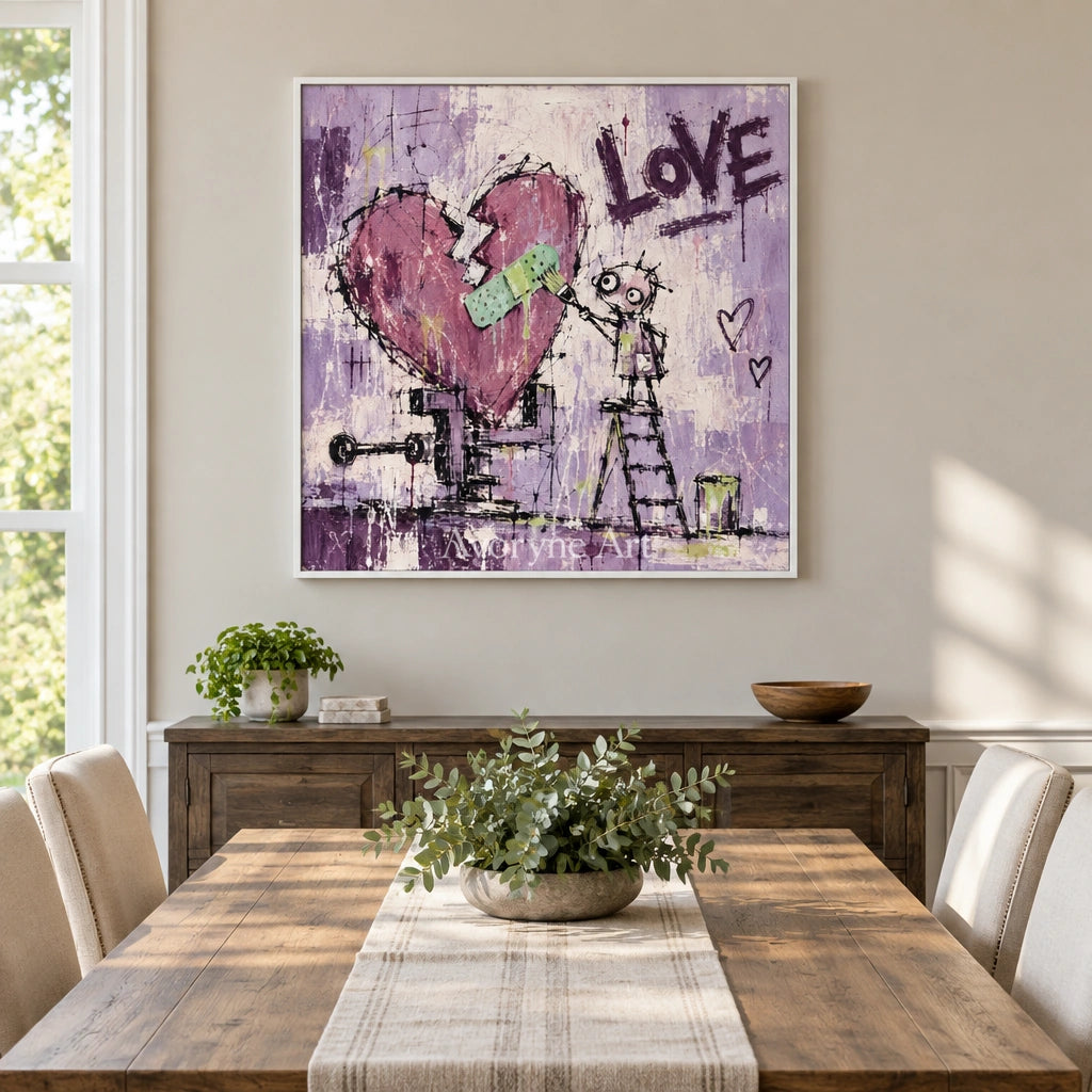 Distant Prelude graffiti figure wall art with a white frame in a dining room