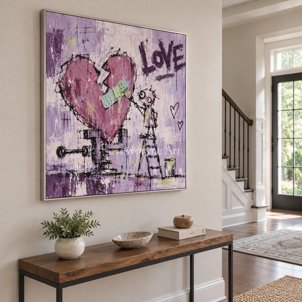 Distant Prelude graffiti figure wall art with a silver frame in an entryway