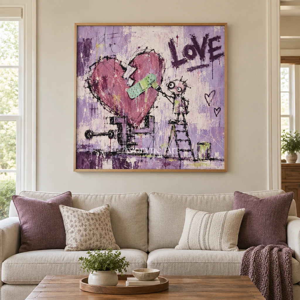 Distant Prelude graffiti figure wall art with a wood frame in a villa living space