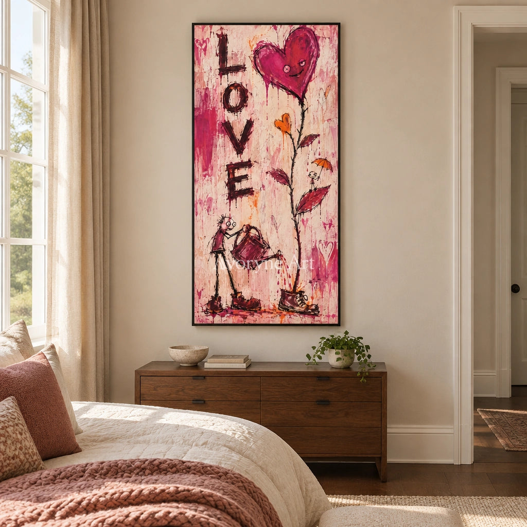 Distant Story graffiti figure wall art with a black frame above a bed in a bedroom