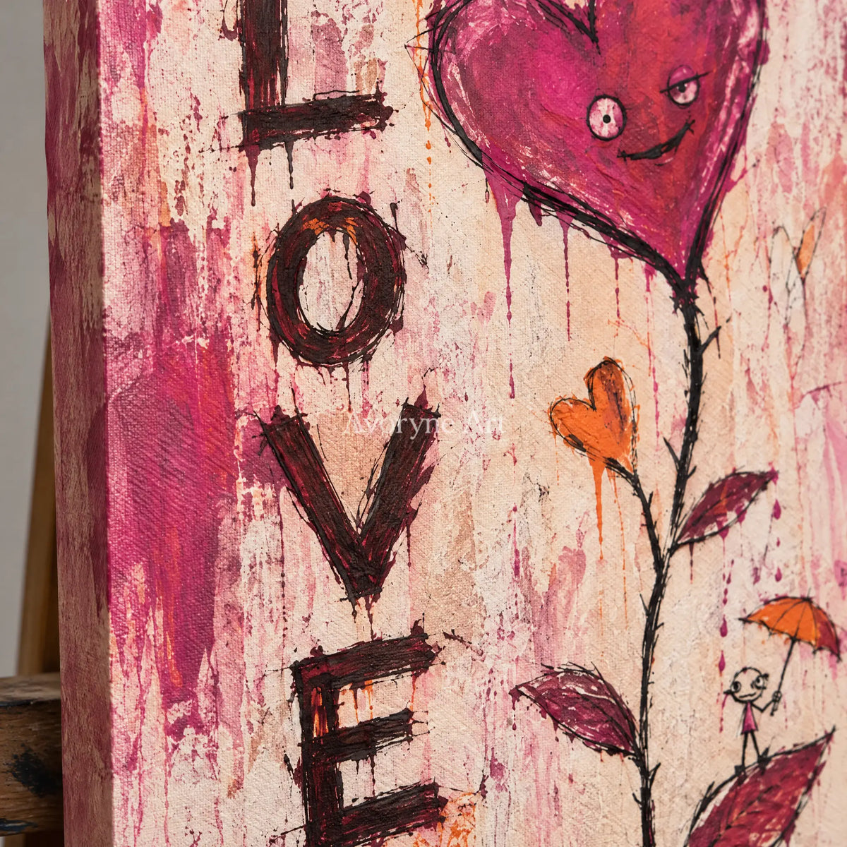 Close-up of the hand-painted texture of Distant Story graffiti figure wall art on an easel