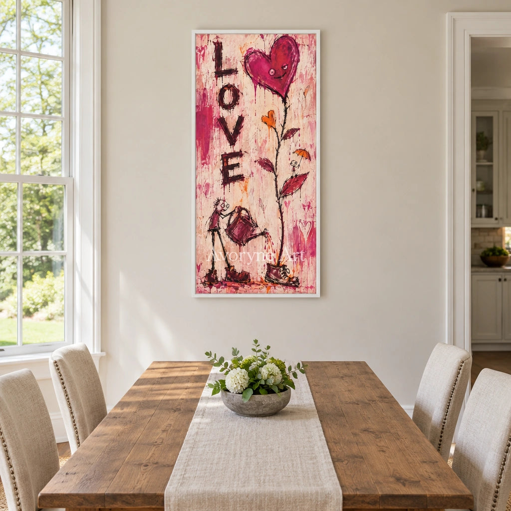 Distant Story graffiti figure wall art with a white frame in a dining room