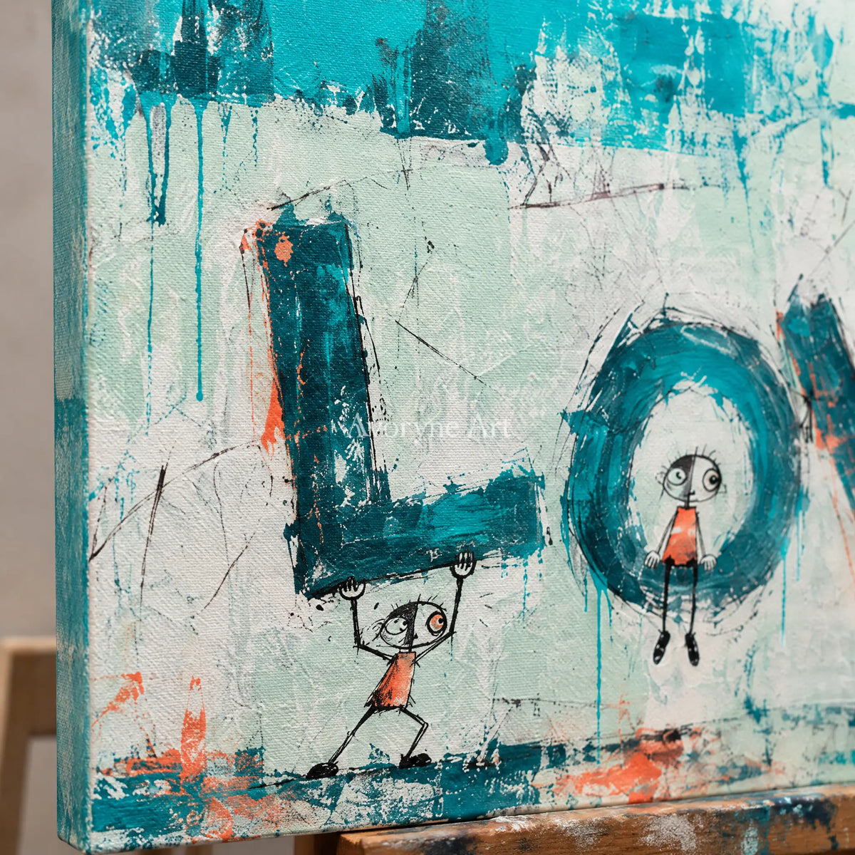 Close-up of the hand-painted texture of Distant Vista graffiti figure wall art on an easel