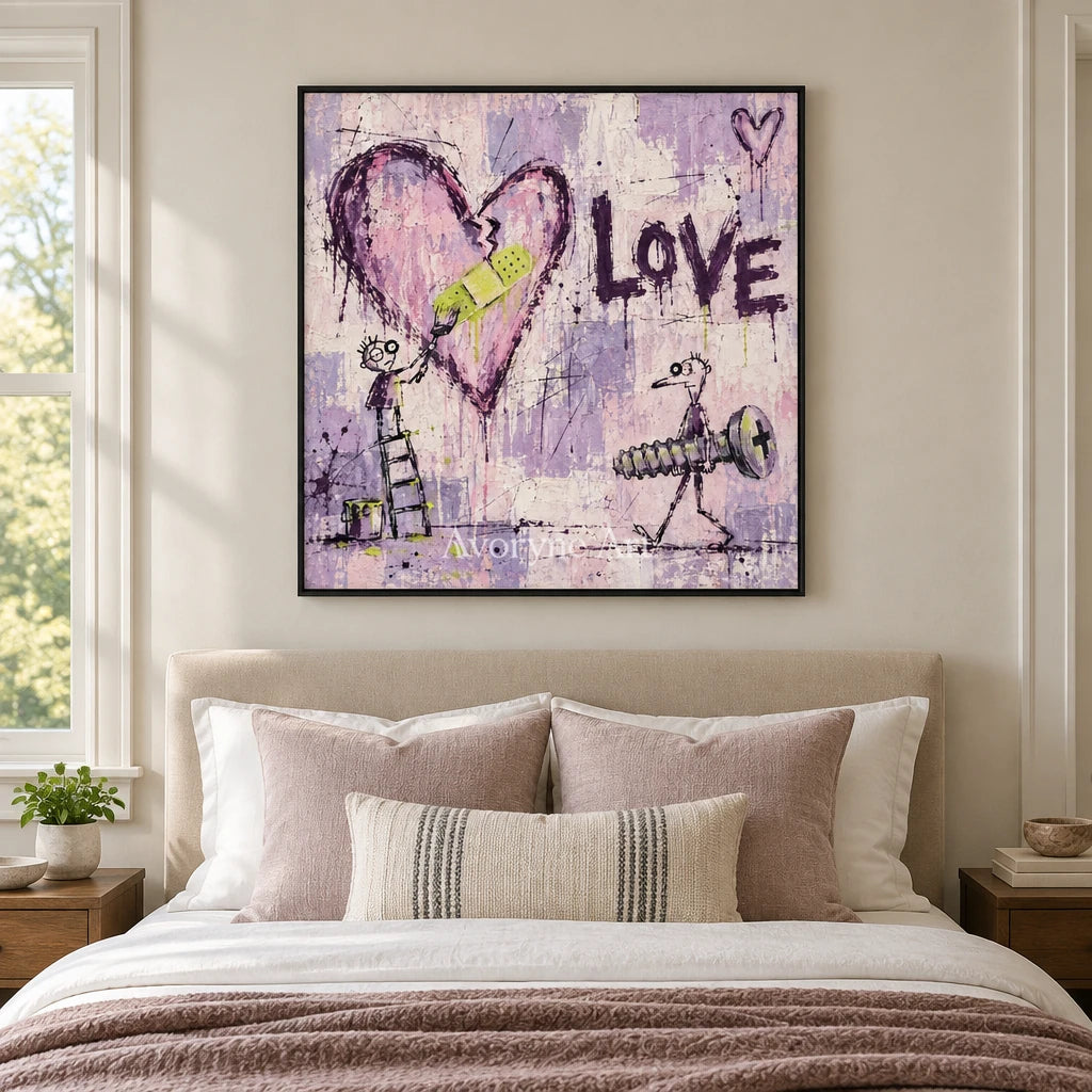 Distant Current graffiti figure wall art with a black frame above a bed in a bedroom