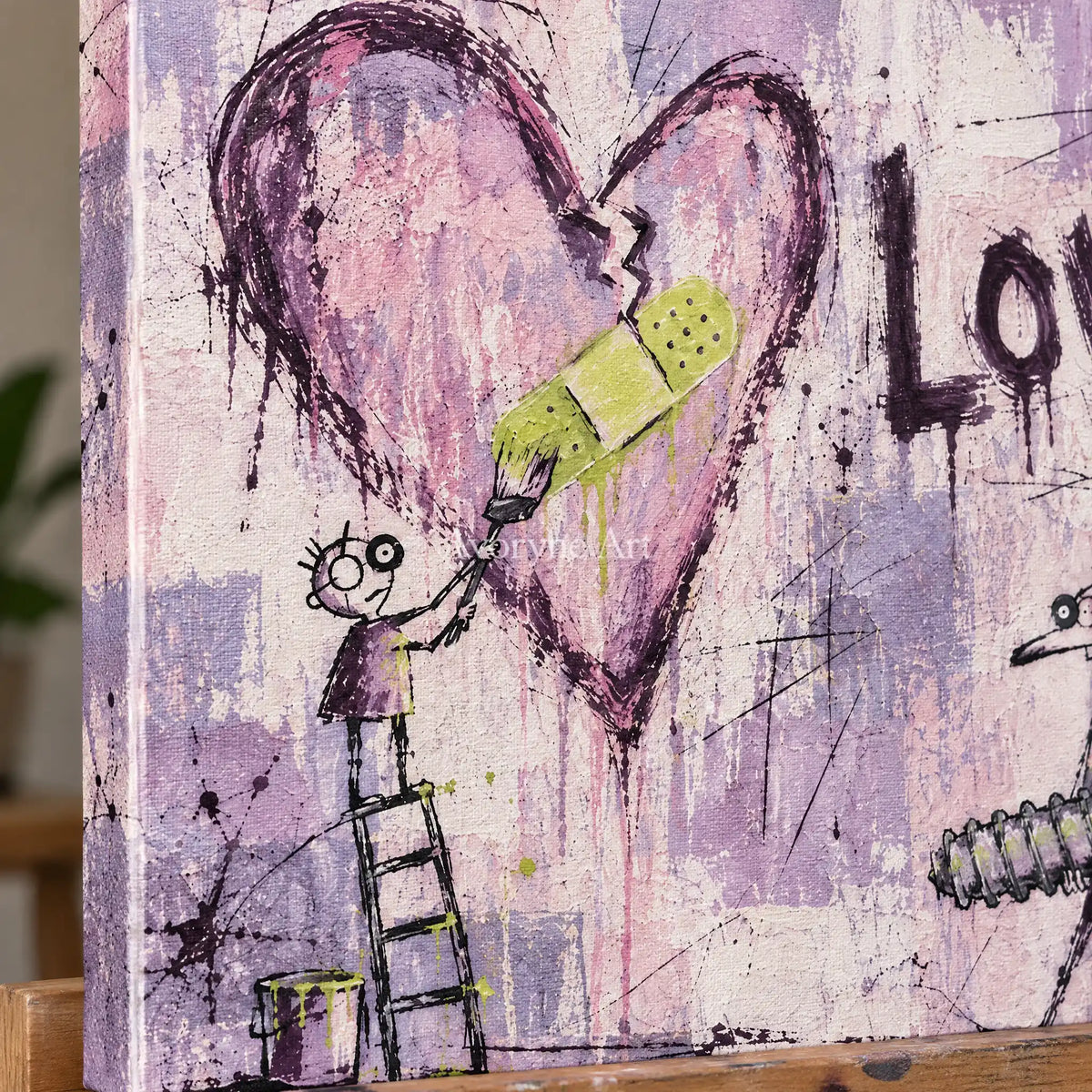 Close-up of the hand-painted texture of Distant Current graffiti figure wall art on an easel