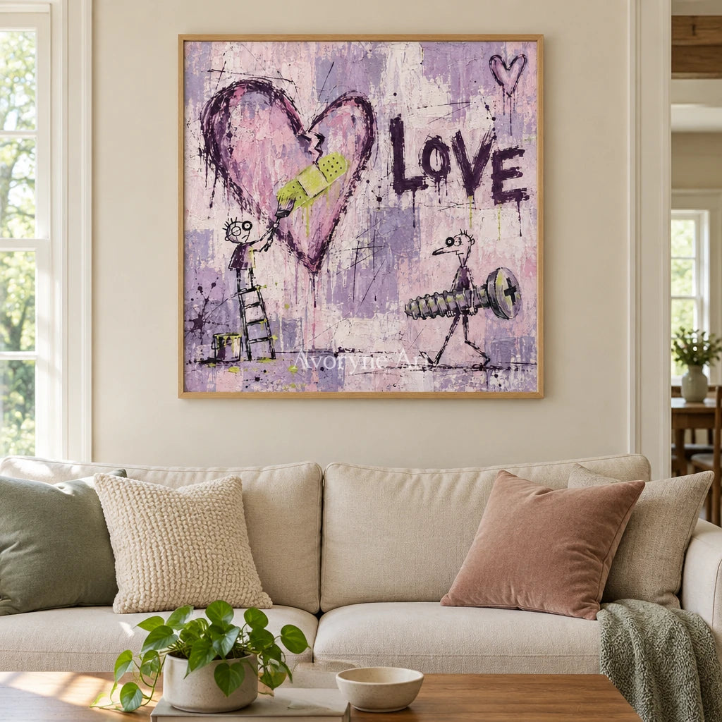 Distant Current graffiti figure wall art with a wood frame in a villa living space