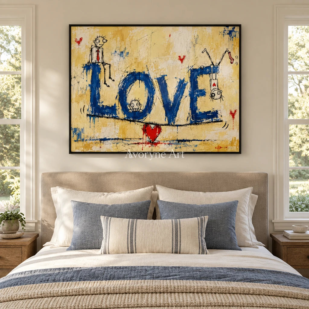 Distant Solace graffiti figure wall art with a black frame above a bed in a bedroom