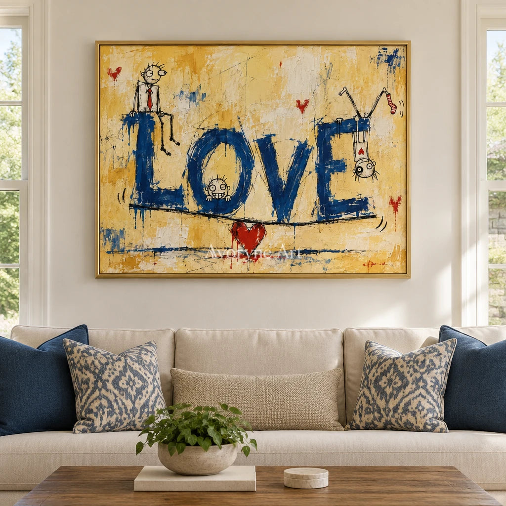 Distant Solace graffiti figure wall art with a gold frame hanging in a living room