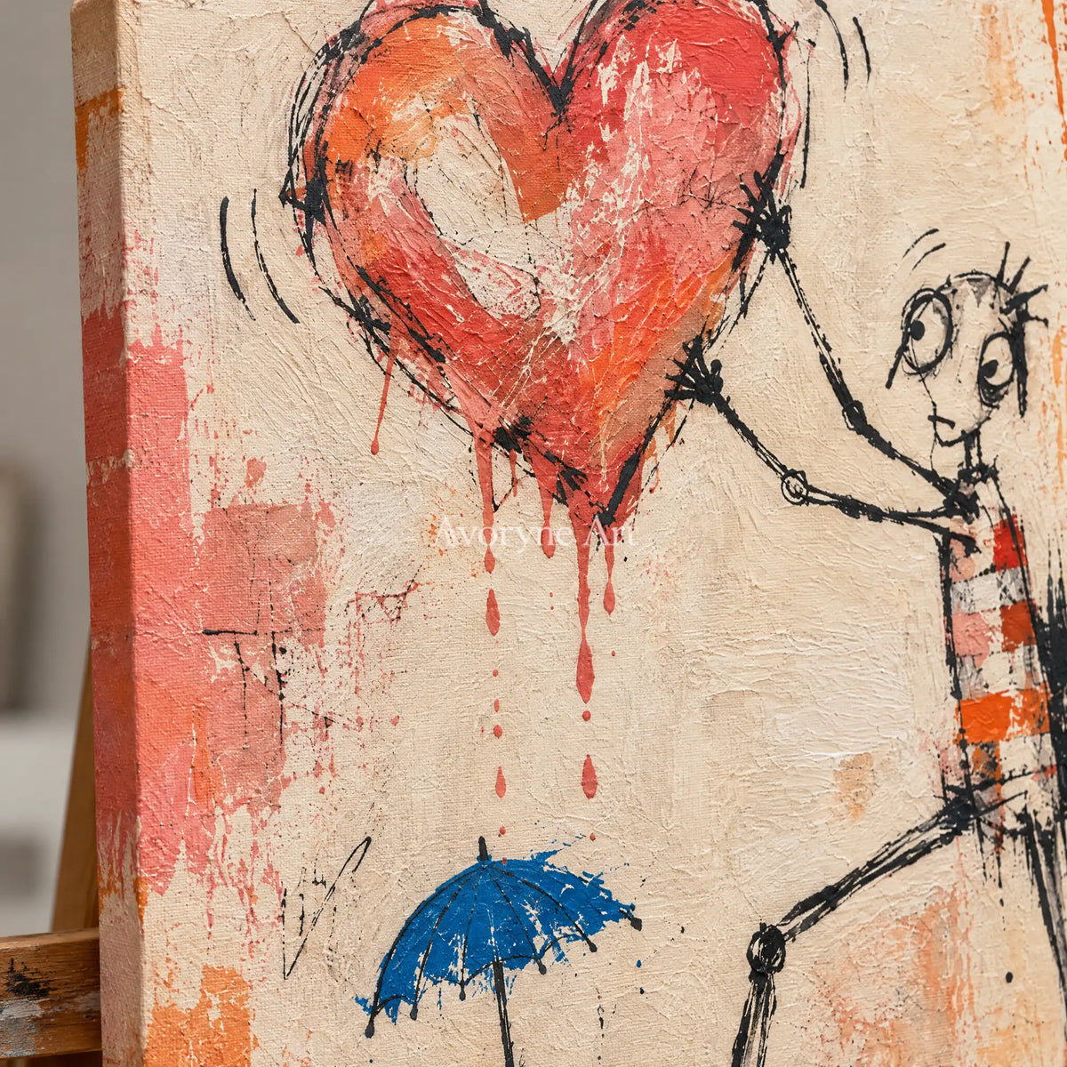 Close-up of the hand-painted texture of Distant Reverberation graffiti figure wall art on an easel