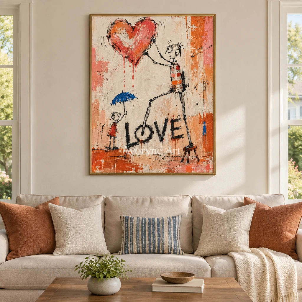 Distant Reverberation graffiti figure wall art with a gold frame hanging in a living room