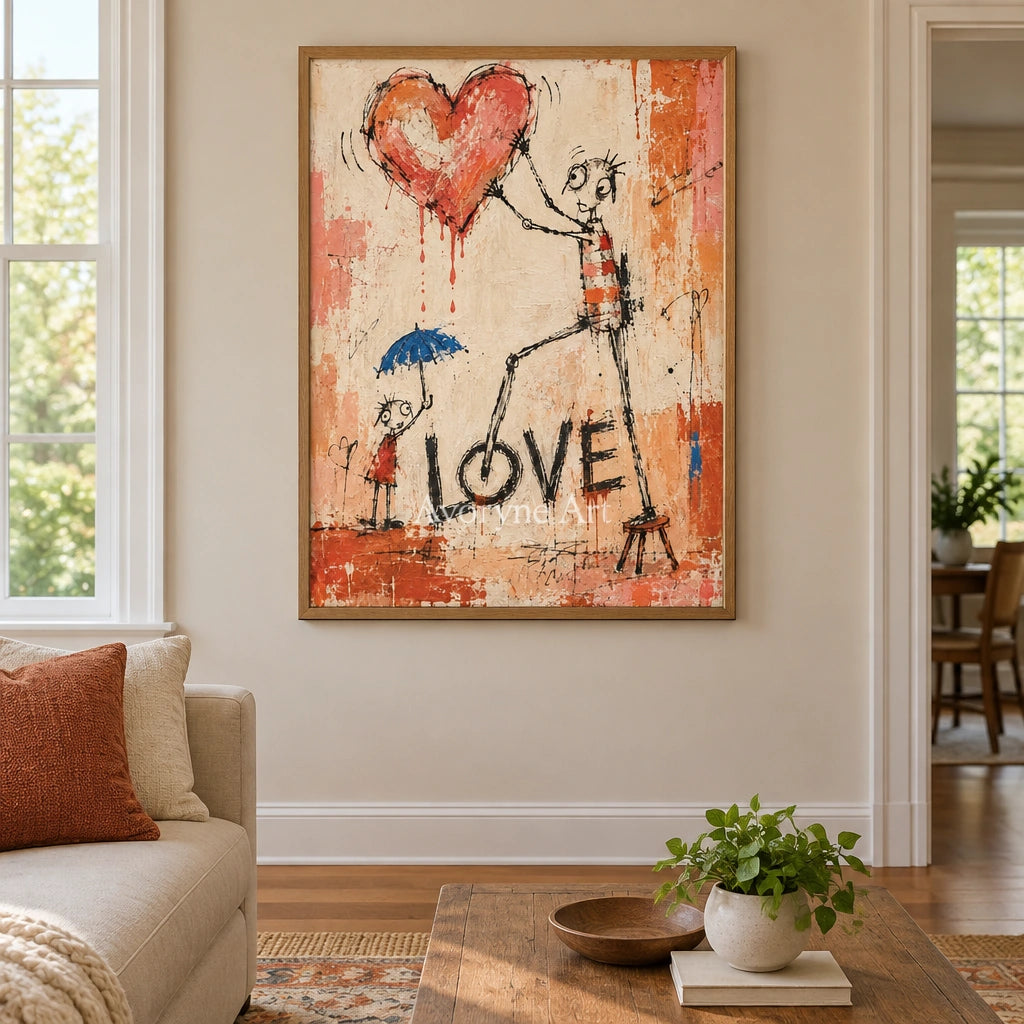 Distant Reverberation graffiti figure wall art with a wood frame in a villa living space