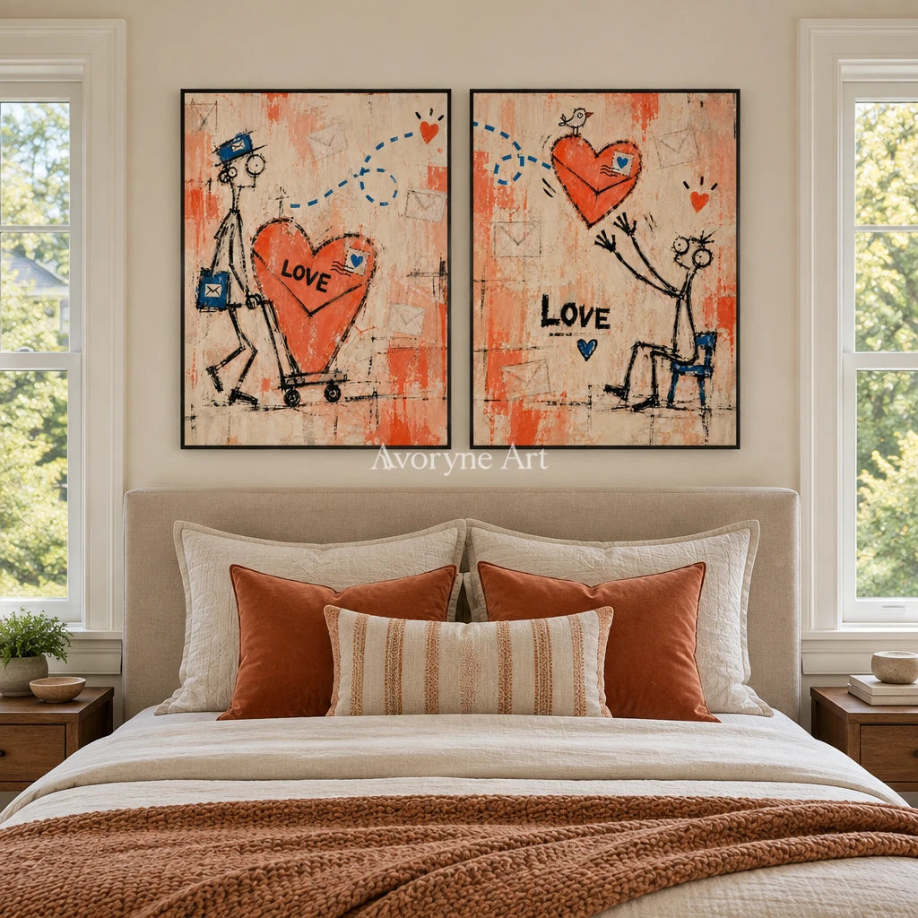 Distant Trace graffiti figure diptych with a black frame above a bed in a bedroom